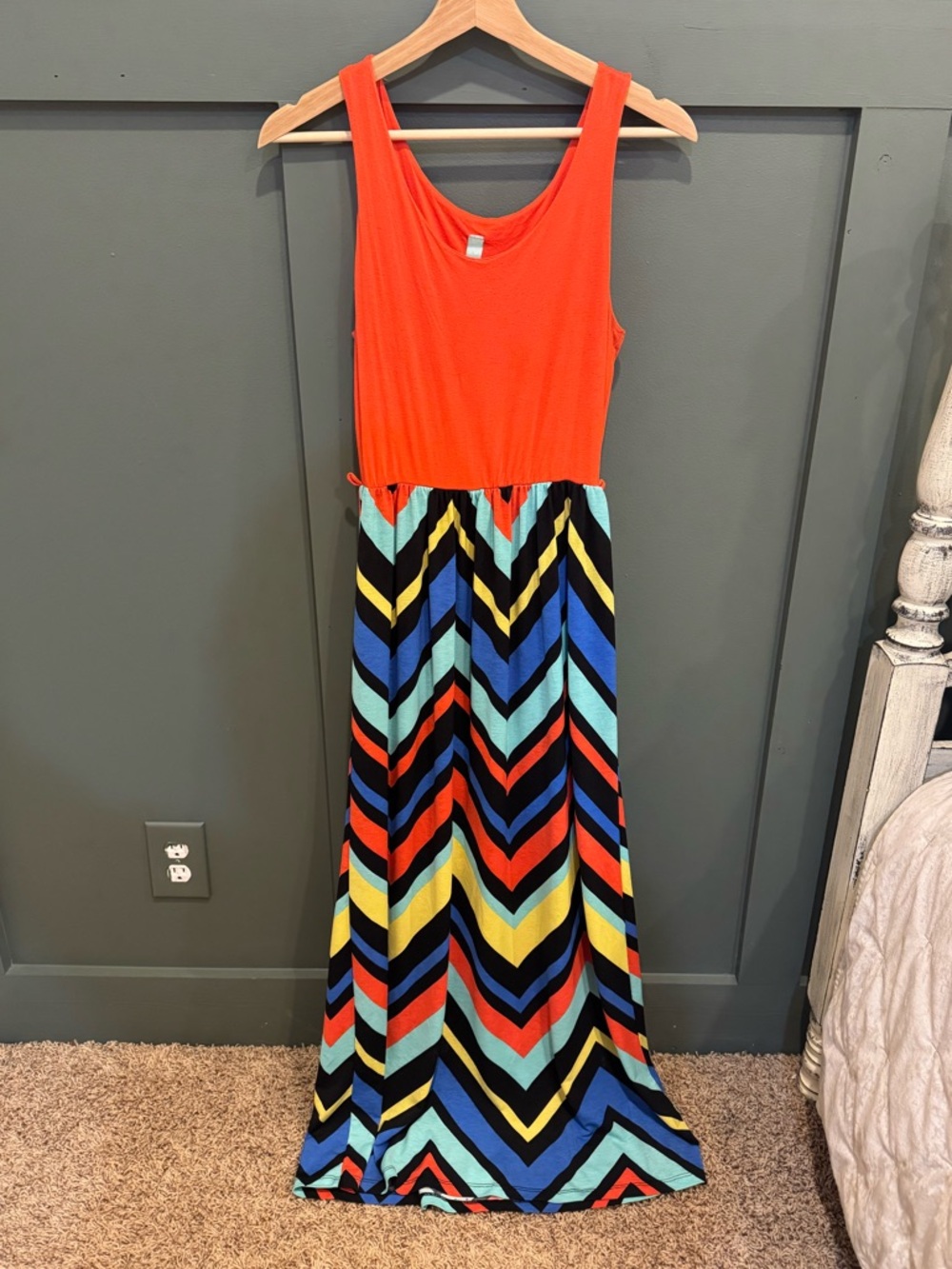 Bright Orange Tank Maxi Dress with Multicolor Chevron Skirt